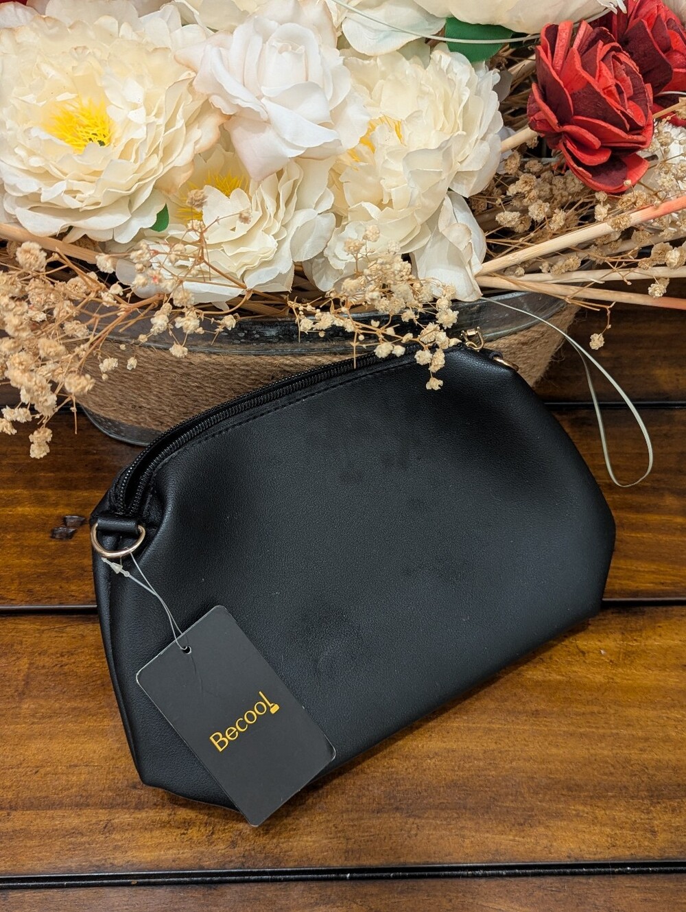 NWT Becool Black Faux Leather Cosmetic Bag Large Makeup Pouch Dome 11"